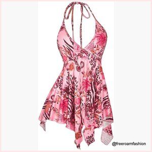 Women's Y2K Paisley Floral Halter Tank Top Sleeveless Low Cut Ruffle Hem